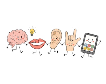 Può includere: Un'illustrazione a cartoni animati di cinque personaggi antropomorfi che si tengono per mano: un cervello rosa con una lampadina, labbra rosse, un orecchio color carne, una mano che fa un gesto e uno smartphone nero con icone colorate.