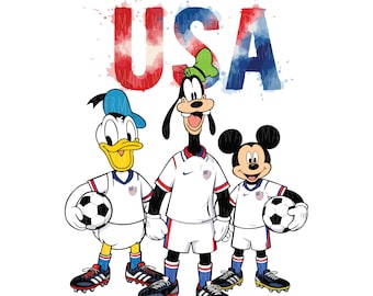 May include: Donald Duck, Goofy, and Mickey Mouse wearing white soccer uniforms with red and blue accents, each featuring a small USA shield emblem. The characters are standing below the text USA in a red, white, and blue watercolor style.