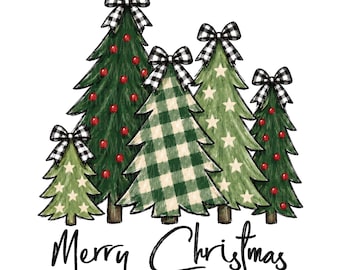 以下が含まれることがあります： 高さの異なる4本のスタイライズされたクリスマスツリーのデジタルイラスト。各ツリーの頂上には黒と白のチェック柄のリボンが飾られています。ツリーには星やオーナメントなどの緑、白、赤のアクセントが施されています。下にMerry Christmasの文字があります。