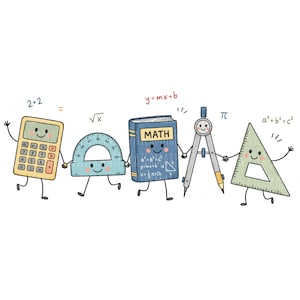 Puede incluir: Una ilustración de dibujos animados de cinco útiles escolares antropomórficos tomados de la mano: una calculadora amarilla, un transportador azul, un libro de matemáticas azul, un compás plateado y una regla triangular verde, con caras sonrientes.