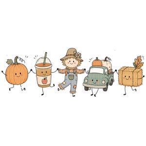May include: A digital illustration featuring five anthropomorphic characters holding hands: an orange pumpkin, a plastic cup with a straw and apple graphic, a scarecrow in blue overalls, a green pickup truck carrying pumpkins, and a square hay bale.