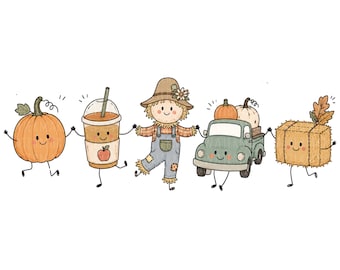 Pode incluir: Uma ilustração digital com cinco personagens antropomórficos de mãos dadas: uma abóbora laranja, um copo de plástico com palhinha e desenho de maçã, um espantalho com jardineiras azuis, uma carrinha de caixa aberta verde e um fardo de feno.