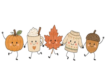 Può includere: Un'illustrazione digitale che raffigura cinque personaggi antropomorfi che si tengono per mano in fila: una zucca arancione, una tazza beige con panna montata e cannella, una foglia d'acero arancione, un maglione color crema e una ghianda marrone.