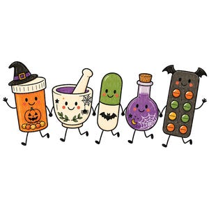 May include: A cartoon illustration of five anthropomorphic characters holding hands: an orange pill bottle with a witch hat, a mortar and pestle, a green capsule with a bat, a purple potion bottle with a spiderweb, and a blister pack with bat wings.
