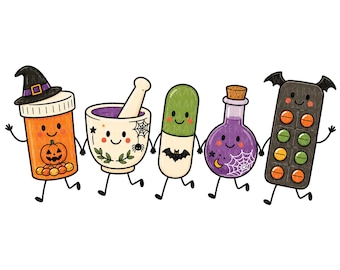 Può includere: Un'illustrazione a cartoni animati di cinque personaggi antropomorfi che si tengono per mano: un flacone di pillole arancione con cappello da strega, un mortaio con pestello, una capsula verde con pipistrello, una pozione viola e un blister con ali.