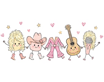 May include: A whimsical digital illustration featuring five anthropomorphic characters holding hands: a blonde figure with cowboy boots, a pink cowboy hat, a pink fringed jumpsuit, an acoustic guitar with floral details, and a microphone with blonde hair.