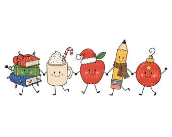 Può includere: Un'illustrazione digitale di cinque personaggi antropomorfi che si tengono per mano: una pila di tre libri con luci, una tazza di cacao con un bastoncino di zucchero, una mela rossa con cappello da Babbo Natale, una matita gialla e una pallina rossa.