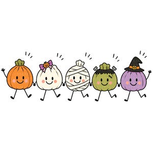 May include: A digital illustration of five cartoon pumpkins holding hands. The characters include an orange pumpkin, a white pumpkin with a bow, a mummy-wrapped pumpkin, a green Frankenstein-style pumpkin, and a purple pumpkin wearing a witch hat.