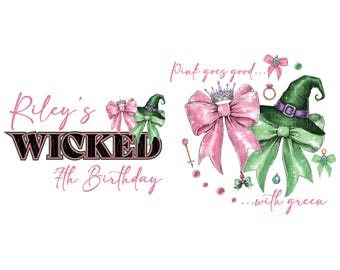 Può includere: Un design stravagante con il testo "Riley's WICKED 7th Birthday" in rosa e nero. L'immagine include fiocchi rosa e verdi, un cappello da strega e la frase "Pink goes good...with green".