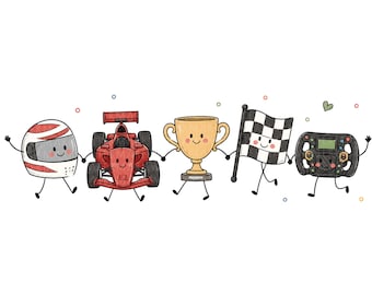 Può includere: Un'illustrazione digitale che raffigura cinque personaggi antropomorfi a tema automobilistico che si tengono per mano: un casco bianco e rosso, un'auto da corsa rossa, un trofeo dorato, una bandiera a scacchi e un volante nero, tutti con volti sorridenti.