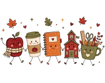 May include: A digital illustration of five anthropomorphic characters holding hands: a red apple with a plaid scarf, a coffee cup with a pumpkin, an orange spiral notebook, a red schoolhouse, and a green mug filled with school supplies.