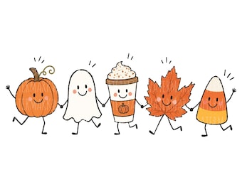 Può includere: Un'illustrazione digitale che mostra cinque personaggi antropomorfi che si tengono per mano in fila: una zucca arancione, un fantasma bianco, un bicchiere di caffè con panna montata, una foglia d'acero arancione e un dolcetto di mais.