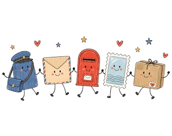 Può includere: Un'illustrazione a cartoni animati con cinque personaggi postali antropomorfi che si tengono per mano: un postino blu, una busta beige, una cassetta delle lettere rossa, un francobollo azzurro e un pacco di cartone marrone, con cuori e stelle.