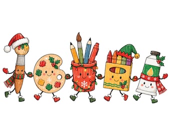 Può includere: Un'illustrazione a cartoni animati di cinque articoli d'arte antropomorfi che si tengono per mano: un pennello con cappello da Babbo Natale, una tavolozza, un portamatite con luci, una scatola di pastelli con cappello da elfo e un tubetto.