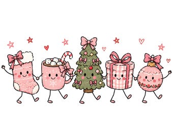 Può includere: Un'illustrazione digitale di cinque personaggi natalizi antropomorfi che si tengono per mano: una calza rosa, una tazza di cioccolata calda con marshmallow e un bastoncino di zucchero, un albero di Natale verde, un regalo rosa e una pallina, tutti con fiocchi.