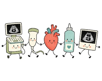 Può includere: Un'illustrazione a cartoni animati con cinque oggetti medici antropomorfi che si tengono per mano: un ecografo, una sonda, un cuore umano, un flacone di gel e un'ecografia incorniciata, tutti dotati di volti sorridenti e arti sottili.