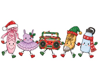 Può includere: Un'illustrazione digitale che mostra cinque personaggi antropomorfi che si tengono per mano: una scarpetta da danza rosa con cappello da Babbo Natale, un tutù viola, un boombox rosso con luci natalizie, una scarpa da tip tap e una borraccia.