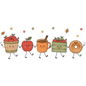Puede incluir: Una ilustración de dibujos animados con cinco personajes antropomórficos tomados de la mano: un cubo de madera lleno de manzanas rojas, una manzana roja, una taza naranja con una rama de canela, una caja verde de manzanas y una rosquilla marrón.