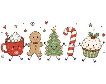 Könnte beinhalten: Eine digitale Illustration mit fünf anthropomorphen Weihnachtsfiguren, die sich an den Händen halten: ein roter Becher mit heißer Schokolade und Marshmallows, ein Lebkuchenmann, ein grüner Weihnachtsbaum, eine Zuckerstange und ein Cupcake mit Stechpalme.