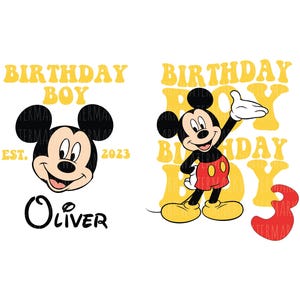 Puede incluir: Diseño gráfico blanco con Mickey Mouse y el texto amarillo "BIRTHDAY BOY". El diseño incluye el nombre "Oliver" y el número "3". Mickey lleva pantalones cortos rojos y zapatos amarillos.
