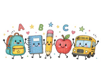 Può includere: Un'illustrazione colorata a matita con uno zaino color ottanio, un quaderno a spirale blu, una matita gialla, una mela rossa e uno scuolabus giallo, tutti con volti sorridenti e braccia. Le lettere A, B e C appaiono sopra con stelle e cuori.