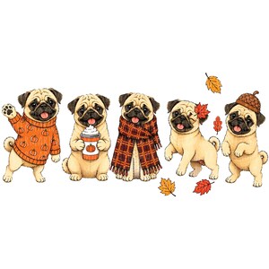 Pode incluir: Uma ilustração digital apresentando cinco pugs beges com trajes de outono. Um usa um suéter laranja com estampa de abóbora, um segura um copo de café, um usa um cachecol xadrez, um tem uma folha vermelha na cabeça e um usa um chapéu de bolota.