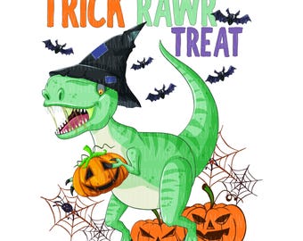 Könnte beinhalten: Ein grüner Dinosaurier mit einem schwarzen Hexenhut hält einen orangefarbenen Kürbis, während zwei weitere Kürbisse und Spinnenweben am Boden liegen. Darüber steht der Text TRICK RAWR TREAT, umgeben von kleinen lila und schwarzen Fledermäusen.