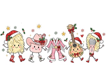 Può includere: Un'illustrazione a cartoni animati con cinque personaggi antropomorfi che si tengono per mano: una figura bionda con cappello da Babbo Natale e stivali rossi, un cappello da cowboy rosa, una tuta rosa con frange, una chitarra con cappello da Babbo Natale e un microfono con cappello da Babbo Natale.