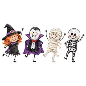 May include: A set of four decorative Halloween figures featuring a witch with orange hair and a black hat, a vampire in a purple cape, a white mummy wrapped in bandages, and a black and white skeleton, all with smiling faces and thin limbs.