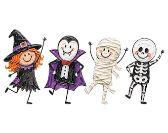 Può includere: Un set di quattro figure decorative di Halloween che include una strega con capelli arancioni e cappello nero, un vampiro con mantello viola, una mummia bianca avvolta in bende e uno scheletro bianco e nero, tutti con volti sorridenti.