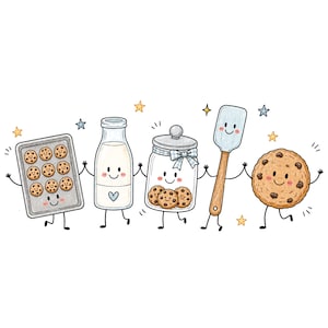 Op de afbeelding: Een grillige illustratie met een lachende bakplaat met koekjes, een melkfles met een hartje, een glazen pot met een blauwe gingham strik met koekjes, een houten spatel en een groot koekje met chocoladestukjes, allemaal met armen en benen.