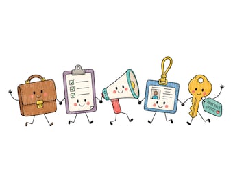 Può includere: Un'illustrazione a cartoni animati di cinque oggetti scolastici antropomorfi che si tengono per mano: una valigetta marrone, una cartellina viola con una lista, un megafono, un badge blu e una chiave gialla con un'etichetta PRINCIPAL'S OFFICE.