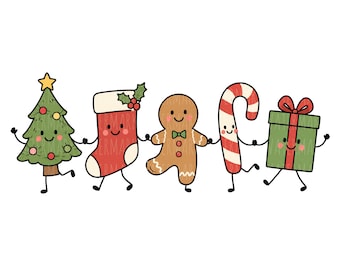 May include: A digital illustration featuring five anthropomorphic Christmas characters holding hands in a row: a green pine tree with ornaments, a red stocking with holly, a brown gingerbread person, a red and white candy cane, and a green gift box.