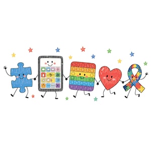 May include: A cartoon illustration featuring five anthropomorphic characters holding hands: a blue puzzle piece, a tablet with a grid of icons, a rainbow-colored square sensory toy, a red heart, and a puzzle-patterned awareness ribbon, all surrounded by small colorful stars.
