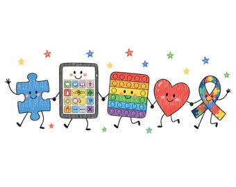 Può includere: Un'illustrazione a cartoni animati con cinque personaggi antropomorfi che si tengono per mano: un pezzo di puzzle blu, un tablet con una griglia di icone, un giocattolo sensoriale quadrato arcobaleno, un cuore rosso e un nastro di sensibilizzazione con motivo a puzzle, circondati da piccole stelle colorate.