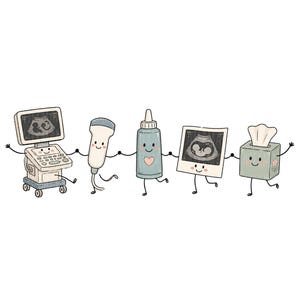 Op de afbeelding: Een cartoonillustratie met vijf antropomorfe figuren die elkaars hand vasthouden: een echografieapparaat, een transducer, een blauwe gelfles met een hartje, een vierkante echofoto en een groene tissuebox met een bloemmotief.