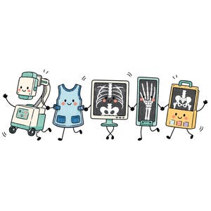 May include: A cartoon illustration featuring five anthropomorphic medical imaging items holding hands: an X-ray machine, a blue lead apron, a monitor displaying a rib cage, a vertical screen showing a hand X-ray, and a yellow device showing a pelvis.