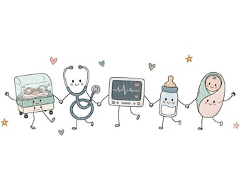 Può includere: Un'illustrazione a cartoni animati con cinque personaggi antropomorfi che si tengono per mano: un'incubatrice neonatale, uno stetoscopio, un monitor cardiaco, un biberon e un neonato in fasce, decorati con piccoli cuori e stelle.