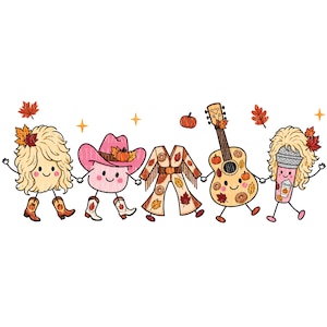 May include: A cartoon illustration featuring five anthropomorphic characters holding hands: a blonde figure with autumn leaves, a pink cowboy hat, a fringed jumpsuit, a guitar, and a microphone, all decorated with pumpkins and fall foliage.