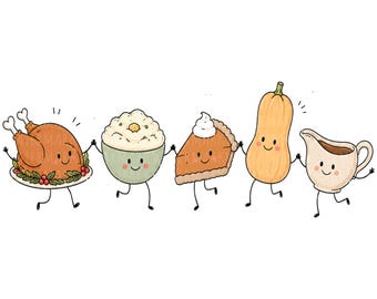 Può includere: Un'illustrazione digitale di cinque cibi antropomorfi del Ringraziamento che si tengono per mano: un tacchino arrosto su un piatto, una ciotola di purè di patate, una fetta di torta di zucca con panna montata, una zucca e una salsiera.