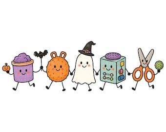 Può includere: Un'illustrazione digitale di cinque personaggi antropomorfi che si tengono per mano: un secchiello viola con una zucca, un pipistrello nero, una sfera arancione testurizzata, un fantasma bianco con un cappello da strega nero, un cubo attività azzurro e forbici arancioni.