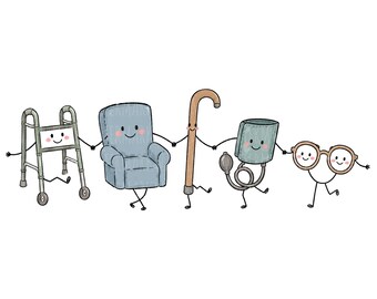 Può includere: Un'illustrazione a cartoni animati con cinque oggetti antropomorfi che si tengono per mano: un deambulatore grigio, una poltrona blu, un bastone di legno marrone, uno sfigmomanometro grigio con pompetta e occhiali tondi marroni, tutti con volti.