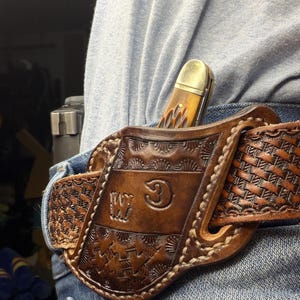 Funda de cuero personalizada para cuchillo / Funda estilo panqueque hecha a mano / EDC de tejido de cesta / Estilo western