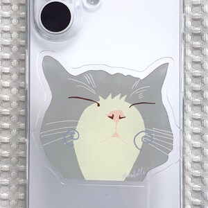 Puede incluir: Funda transparente para teléfono con un diseño de cara de gato gris. El gato tiene los ojos cerrados, una nariz rosa y una cara amarillo claro. La funda tiene un borde transparente y está sobre un fondo blanco.