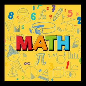 Op de afbeelding: Een gele vierkante afbeelding met het woord MATH in grote, kleurrijke blokletters. De achtergrond is gevuld met blauwe lijntekeningen van wiskundige symbolen, geometrische vormen, cijfers en grafieken, waaronder pi en een potlood.