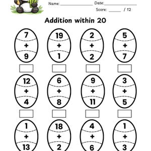 25 påskmatteövningsblad addition/subtraktion inom 20; utskrivbara enkla påskmatteaktiviteter, förskola och årskurs 1, hemundervisning, PDF