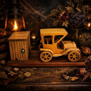 Puede incluir: Un coche de juguete de madera y un pequeño edificio de madera están sobre una superficie de madera oscura. El coche es de estilo vintage con cuatro ruedas y un techo. El edificio tiene una puerta y una pequeña cerradura. El fondo incluye una linterna, flores y un reloj.
