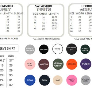 Puede incluir: Gr&aacute;ficos de tallas para sudaderas para adultos y j&oacute;venes, sudaderas con capucha para adultos y camisas de manga larga. Las medidas est&aacute;n en pulgadas para ancho, largo, pecho y manga. Tambi&eacute;n se muestran muestras de color.