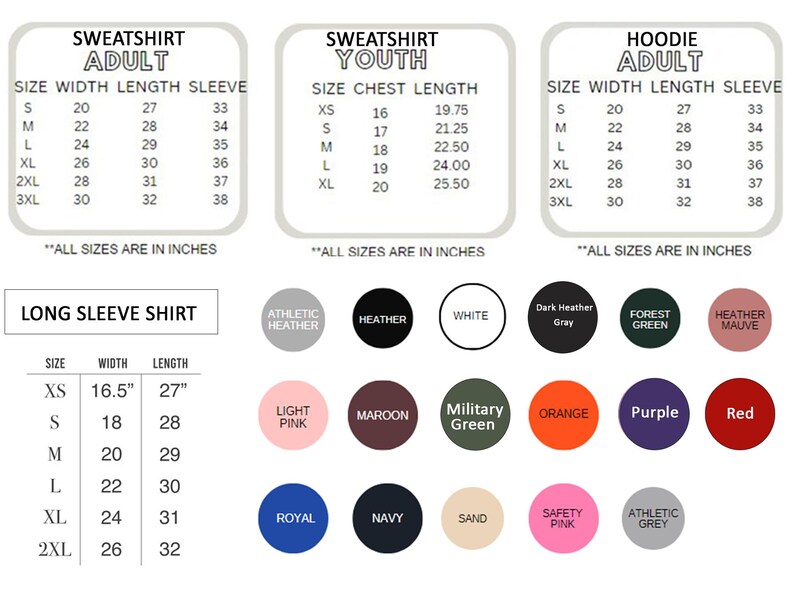 Puede incluir: Gr&aacute;ficos de tallas para sudaderas para adultos y j&oacute;venes, sudaderas con capucha para adultos y camisas de manga larga. Las medidas est&aacute;n en pulgadas para ancho, largo, pecho y manga. Tambi&eacute;n se muestran muestras de color.