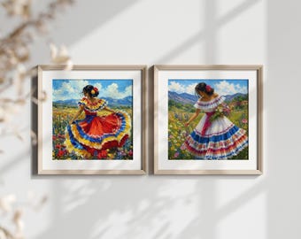 Mexican Folklórico Wall Art Bundle , Set of 2 Colorful Traditional Dress Prints, Mexican Cultural Decor,  Printable Digital Download